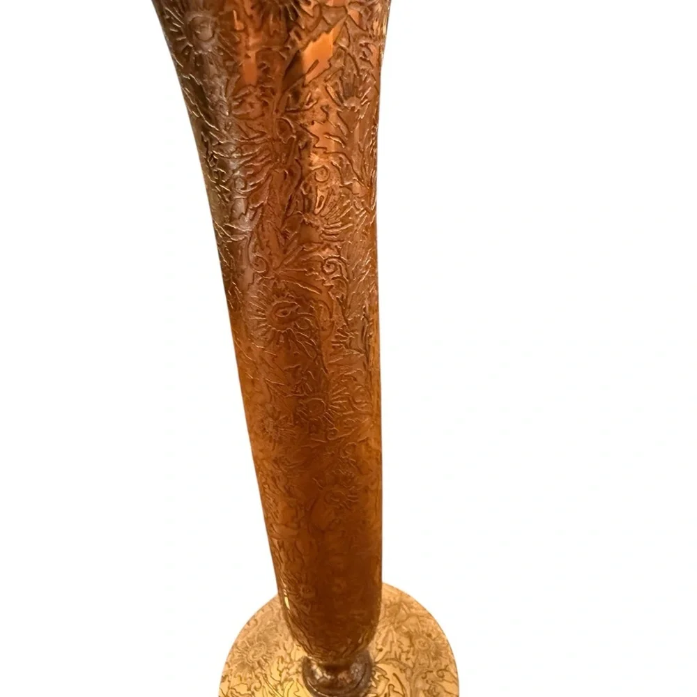 Vintage Brass/Copper Embossed Trumpet Vase – 7” Floral Design
